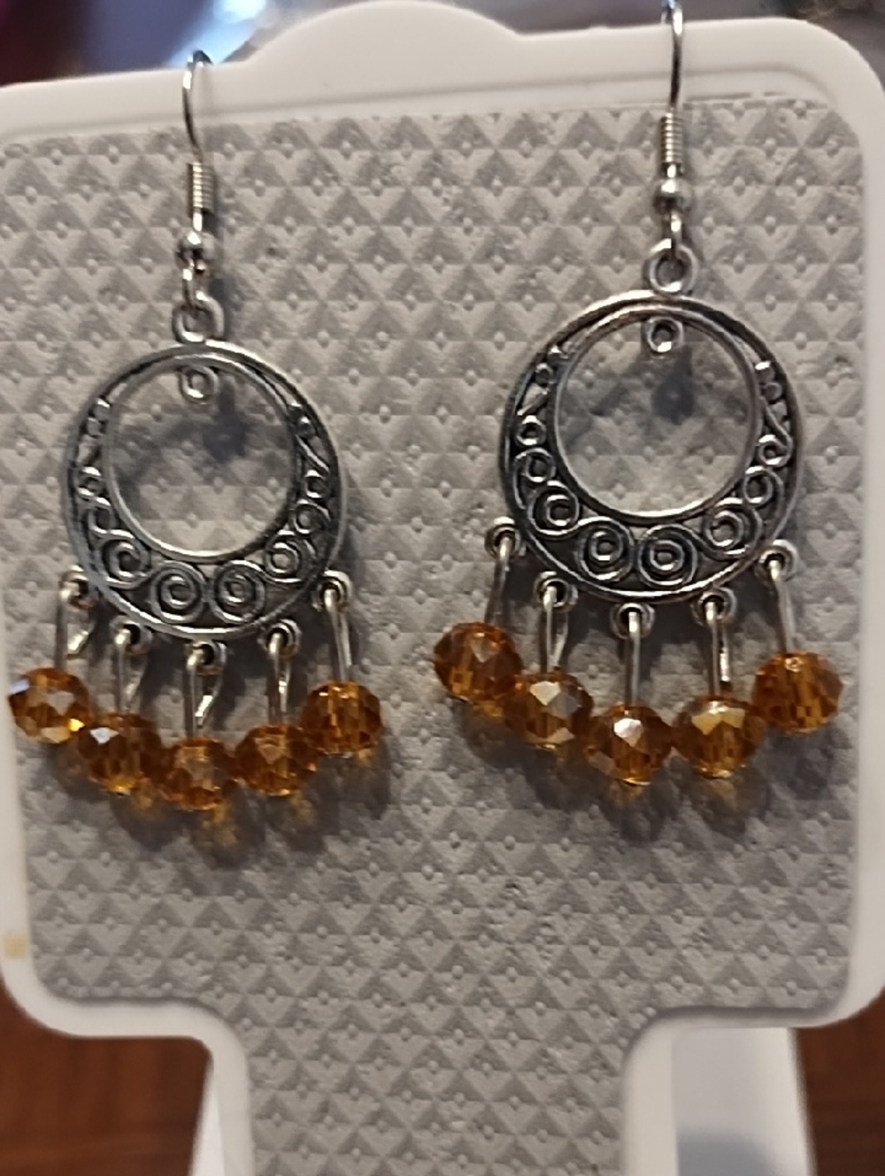Silver Filigree Hoop Earrings with Amber Crystal Dangles